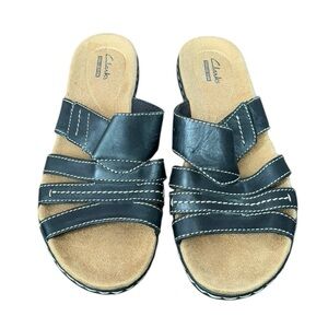 Clarks Collection Soft Cushion Black Leather Sandals Size 7